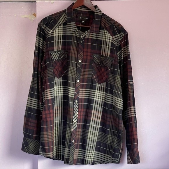 INC Men’s Long Sleeve snap front Shirt Sz 2 XL Black/Grey/Burgundy - Picture 1 of 3